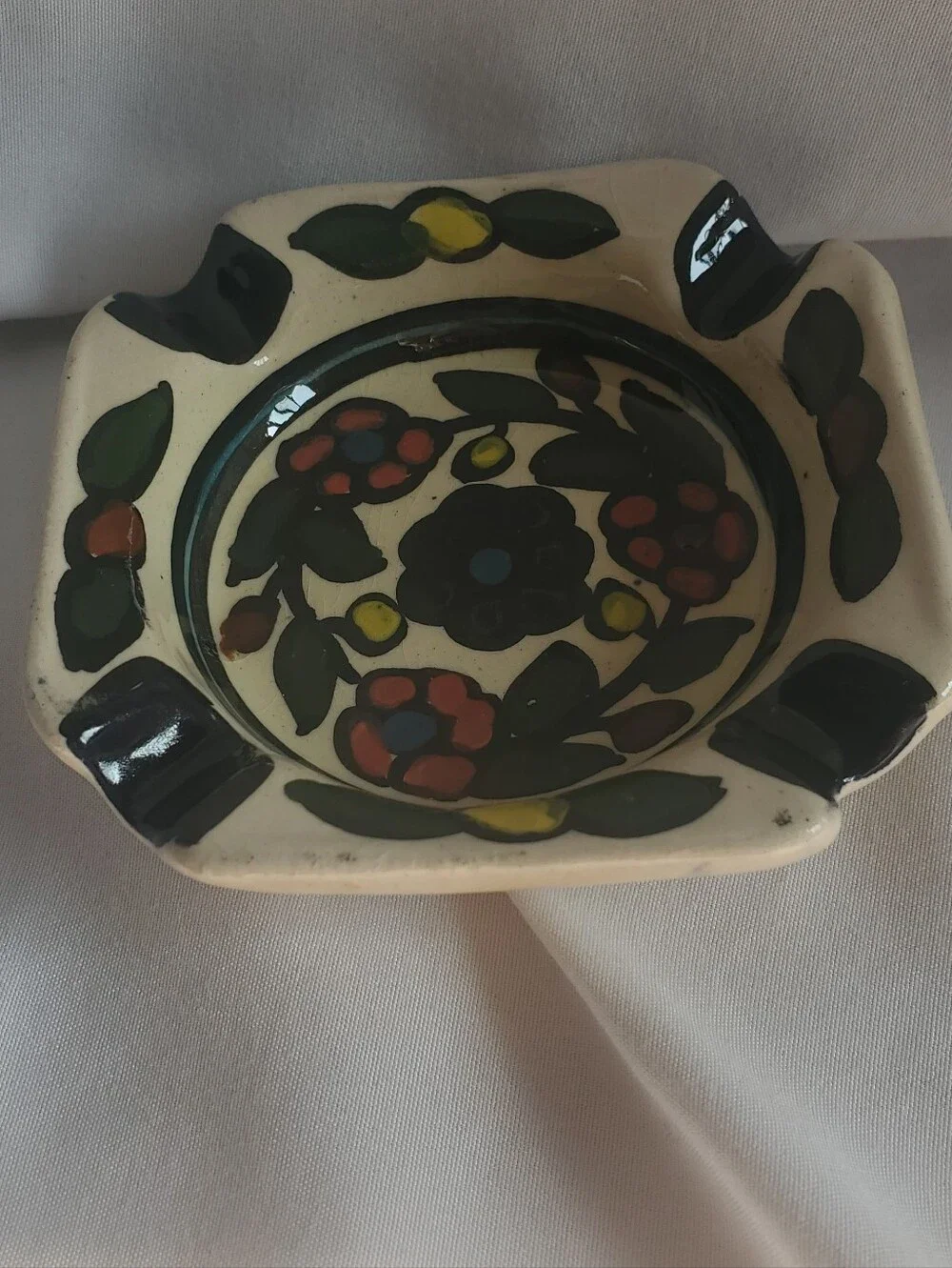 Talavera Style Vtg Hand-Painted Floral Ceramic Home Ashtray Trinket Dish Bowl